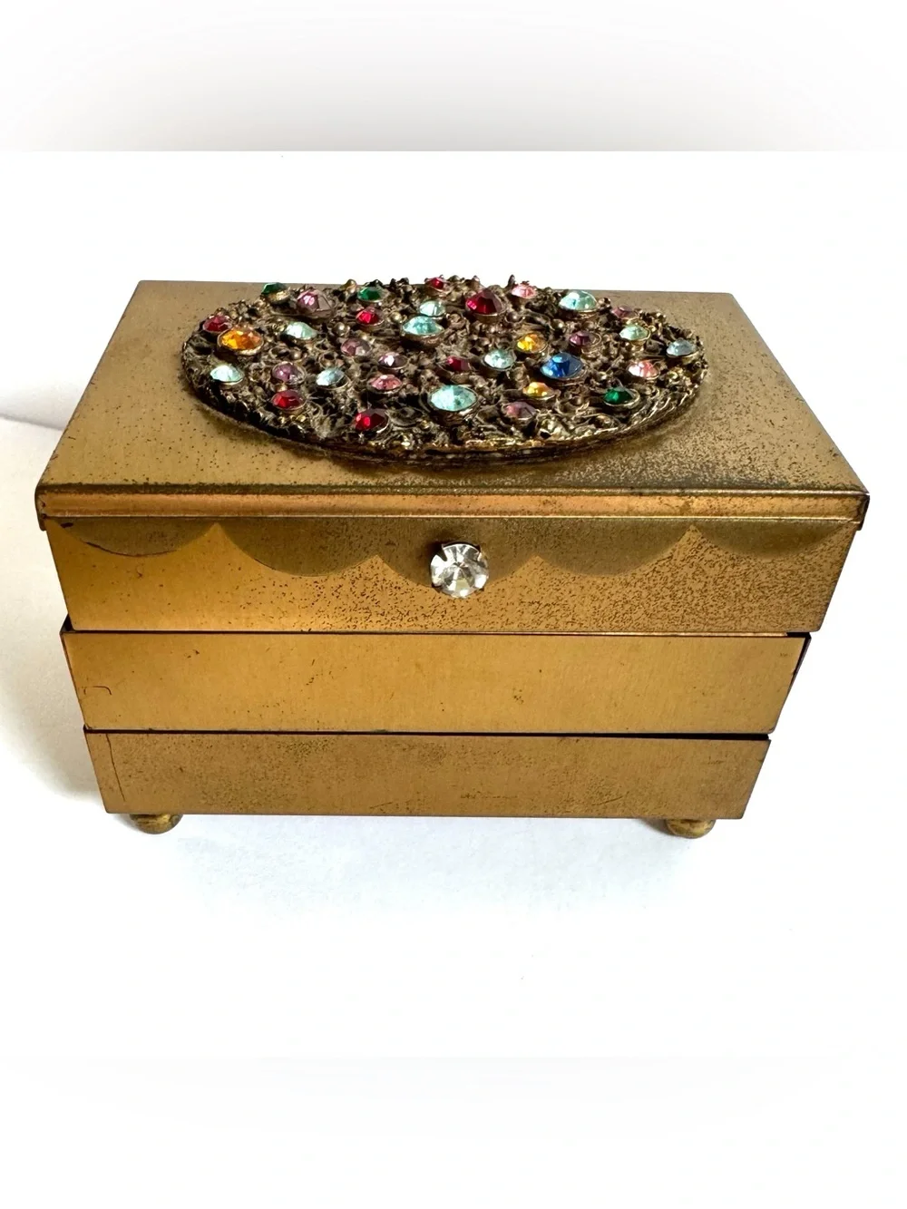 Vtg Brass Accordion Cantilever Jewelry Box Jeweled Rhinestone Hollywood Regency